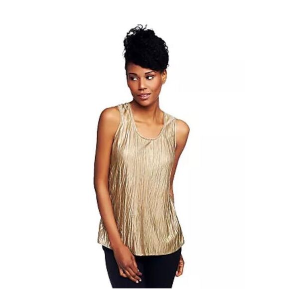 Susan Graver Womens 3X Metallic Crinkle Scoop Neck Layering Tank Top Gold NWT - Picture 2 of 5